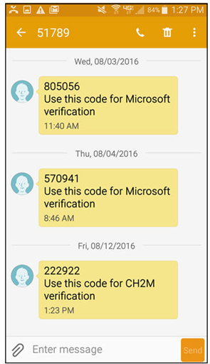 Screen capture of confirmation code message